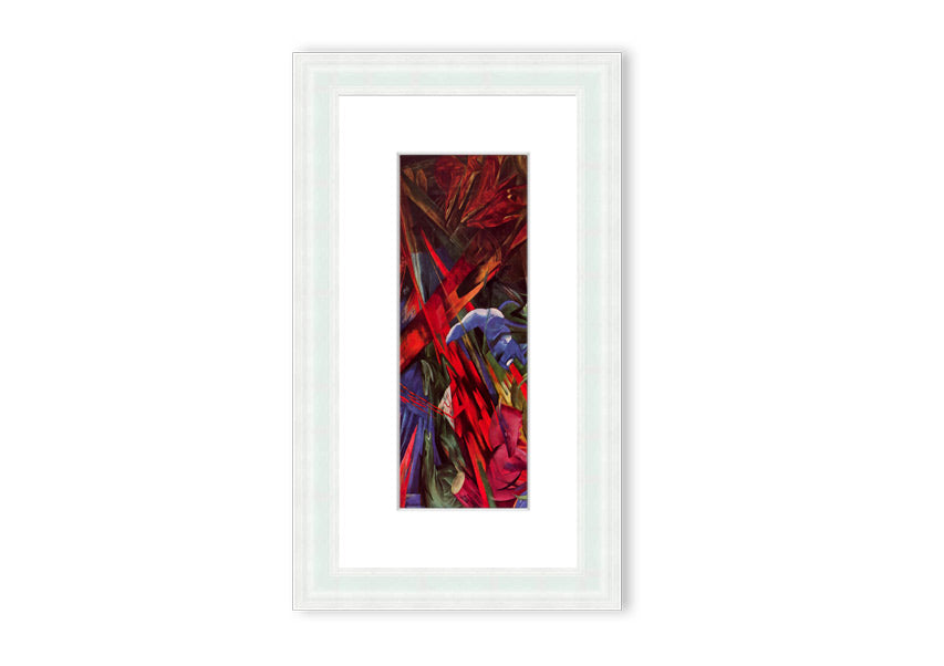 Framed print of Animal Fates by Franz Marc, showcasing vibrant colors and animal motifs, ready to hang.