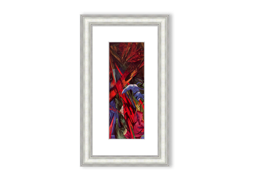 Framed print of Animal Fates by Franz Marc, showcasing vibrant colors and animal motifs, ready to hang.