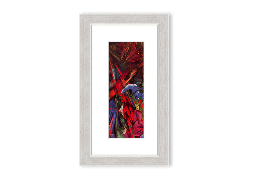 Framed print of Animal Fates by Franz Marc, showcasing vibrant colors and animal motifs, ready to hang.