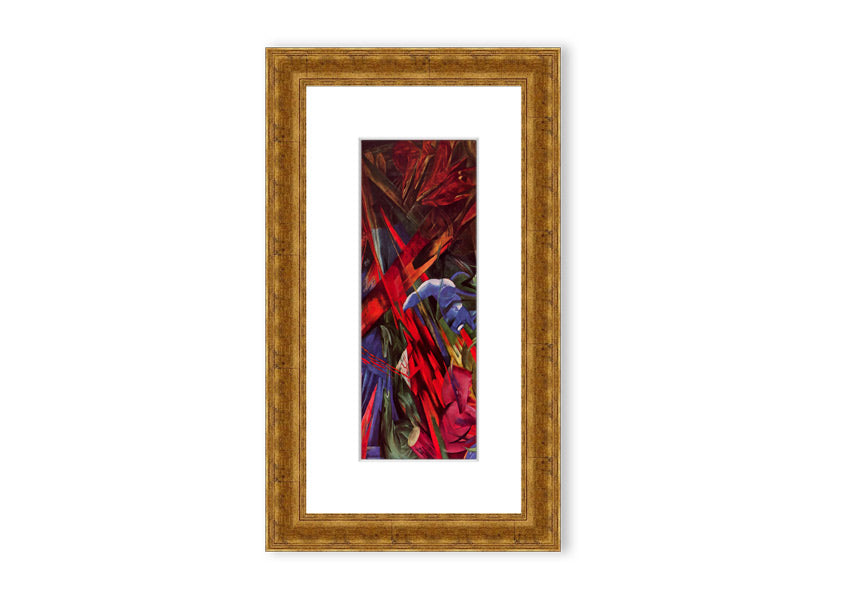 Framed print of Animal Fates by Franz Marc, showcasing vibrant colors and animal motifs, ready to hang.