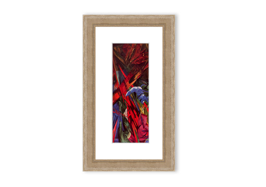 Framed print of Animal Fates by Franz Marc, showcasing vibrant colors and animal motifs, ready to hang.