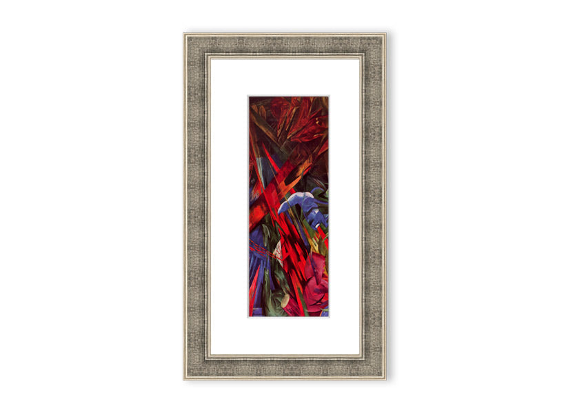 Framed print of Animal Fates by Franz Marc, showcasing vibrant colors and animal motifs, ready to hang.