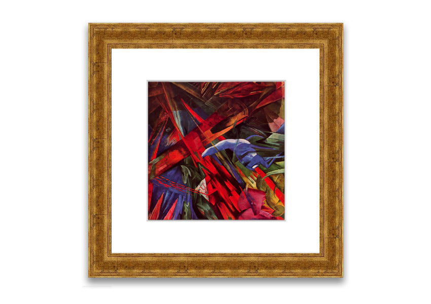 Framed print of Animal Fates by Franz Marc, showcasing vibrant colors and animal motifs, ready to hang.