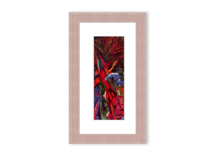 Framed print of Animal Fates by Franz Marc, showcasing vibrant colors and animal motifs, ready to hang.