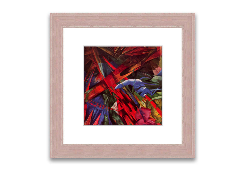 Framed print of Animal Fates by Franz Marc, showcasing vibrant colors and animal motifs, ready to hang.