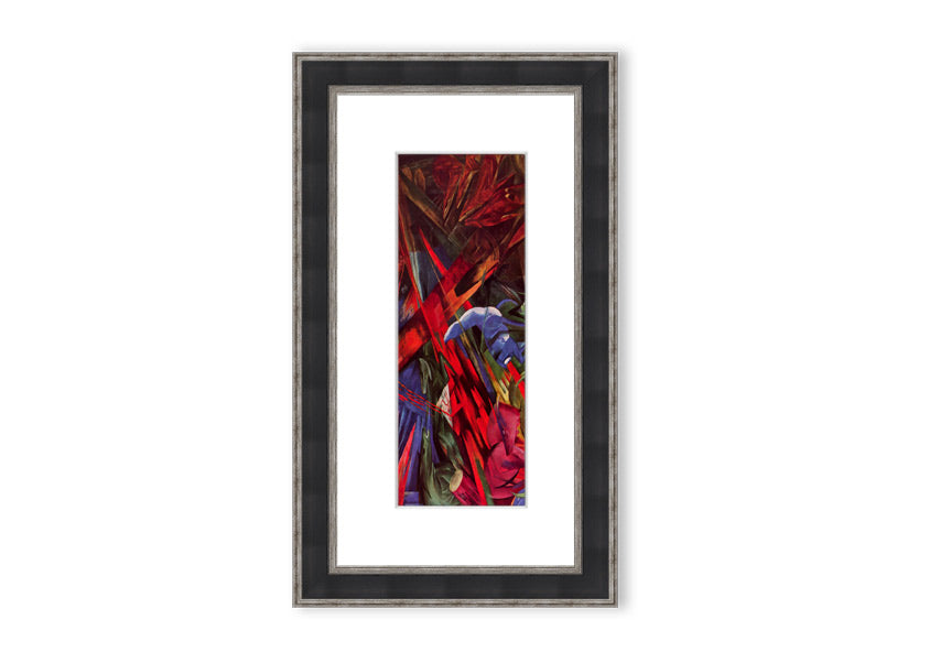 Framed print of Animal Fates by Franz Marc, showcasing vibrant colors and animal motifs, ready to hang.