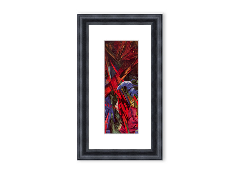 Framed print of Animal Fates by Franz Marc, showcasing vibrant colors and animal motifs, ready to hang.