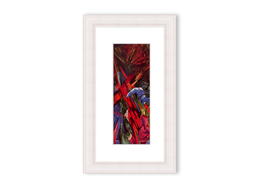 Framed print of Animal Fates by Franz Marc, showcasing vibrant colors and animal motifs, ready to hang.