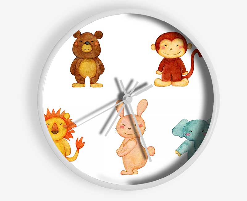 A stylish Animal Fun clock made from natural bamboo with a round face, featuring black and white hands, available in three colors.