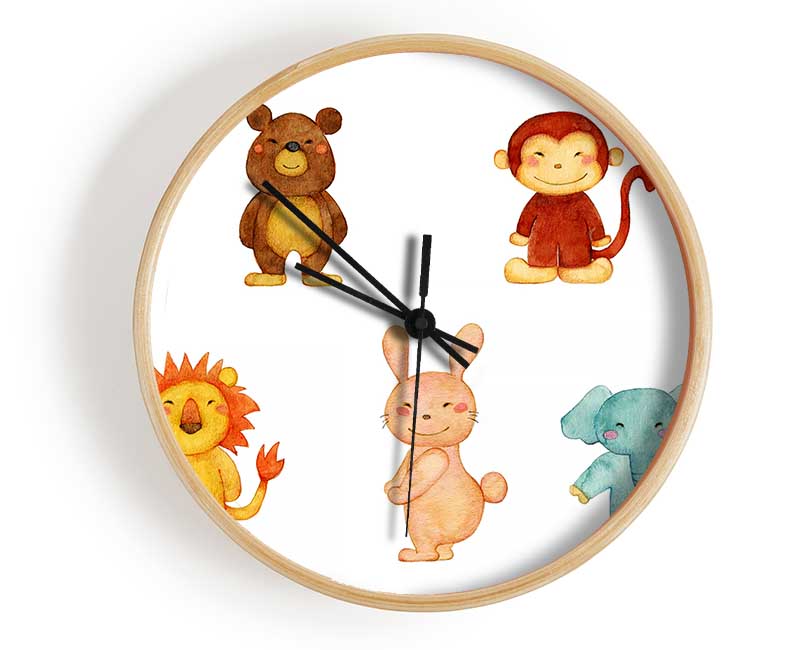 A stylish Animal Fun clock made from natural bamboo with a round face, featuring black and white hands, available in three colors.