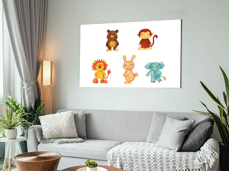 Vibrant 'Animal Fun' artwork printed on brushed aluminium dibond, showcasing playful animal designs.