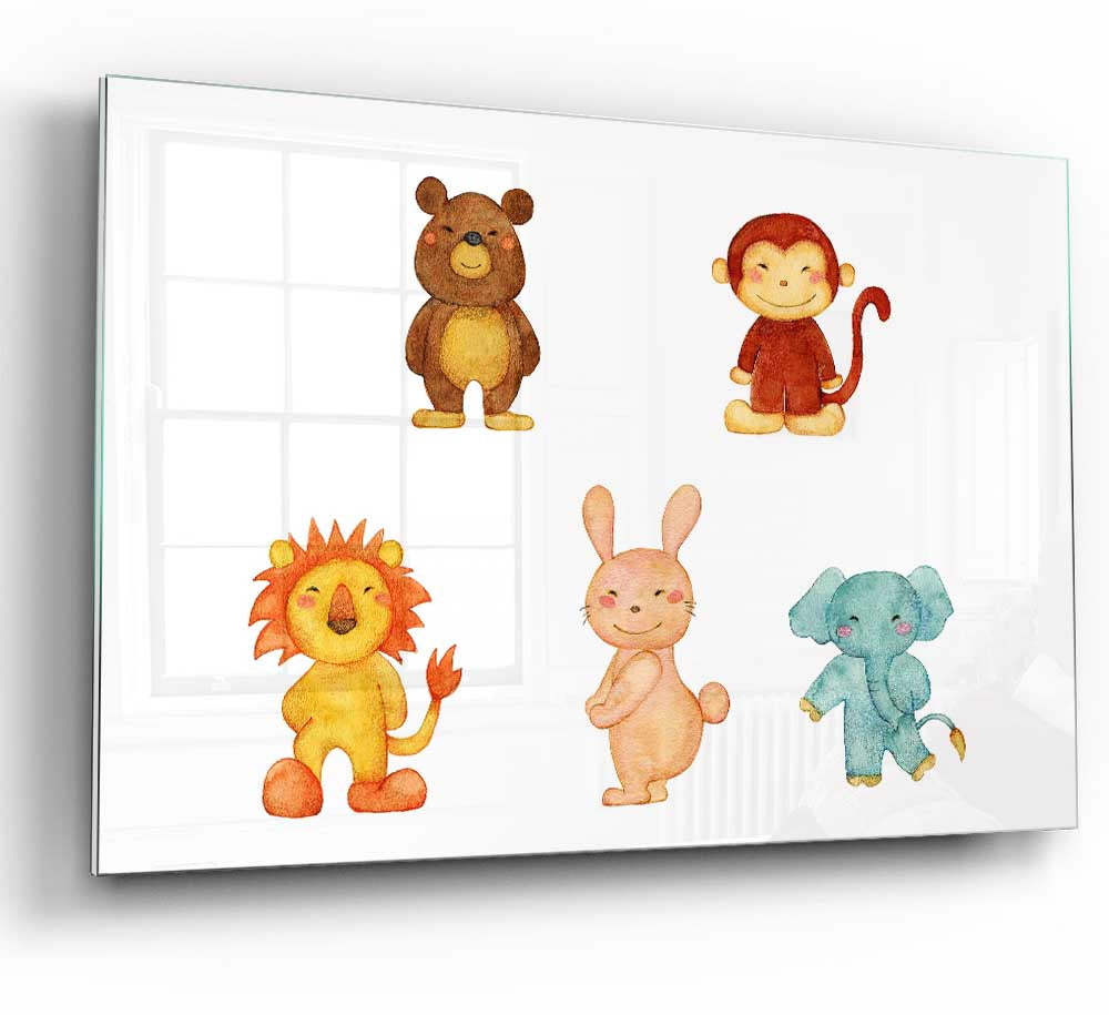 A vibrant glass print featuring playful animal designs, perfect for modern home decor.