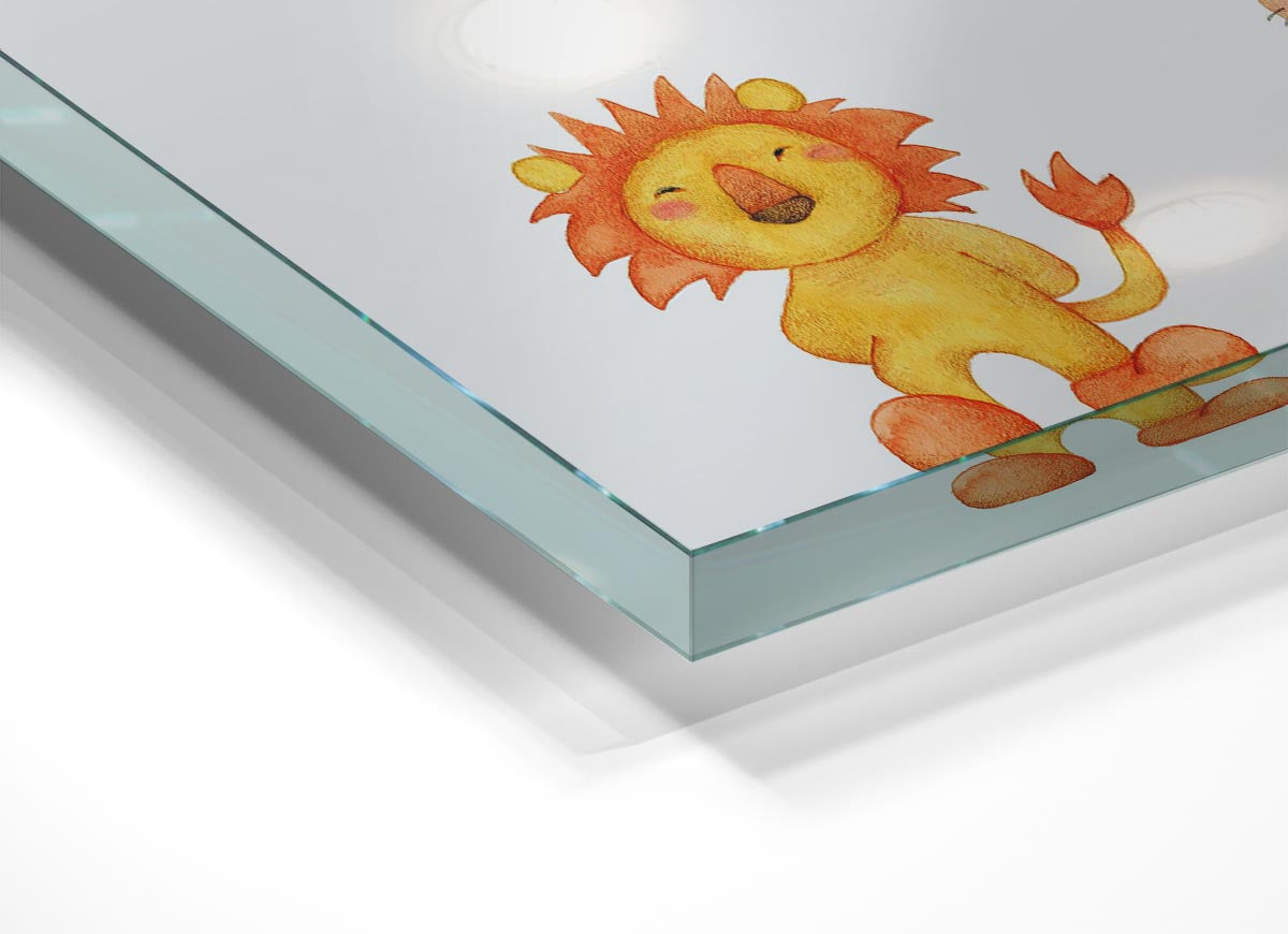 A vibrant glass print featuring playful animal designs, perfect for modern home decor.