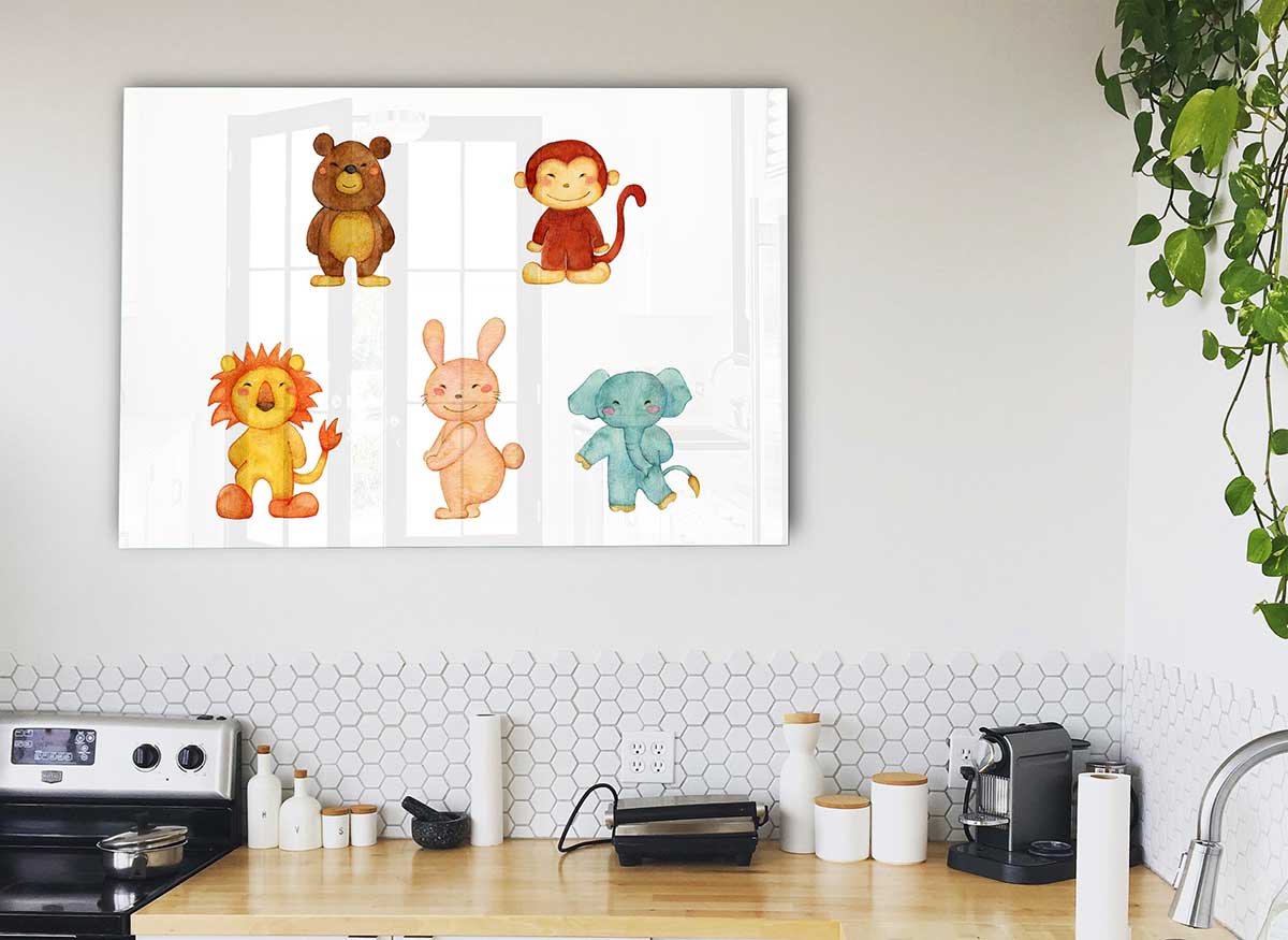 A vibrant glass print featuring playful animal designs, perfect for modern home decor.