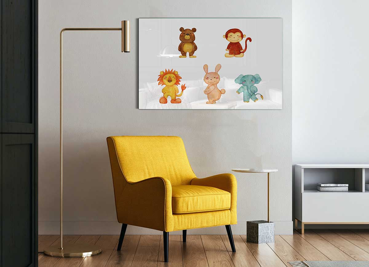 A vibrant glass print featuring playful animal designs, perfect for modern home decor.