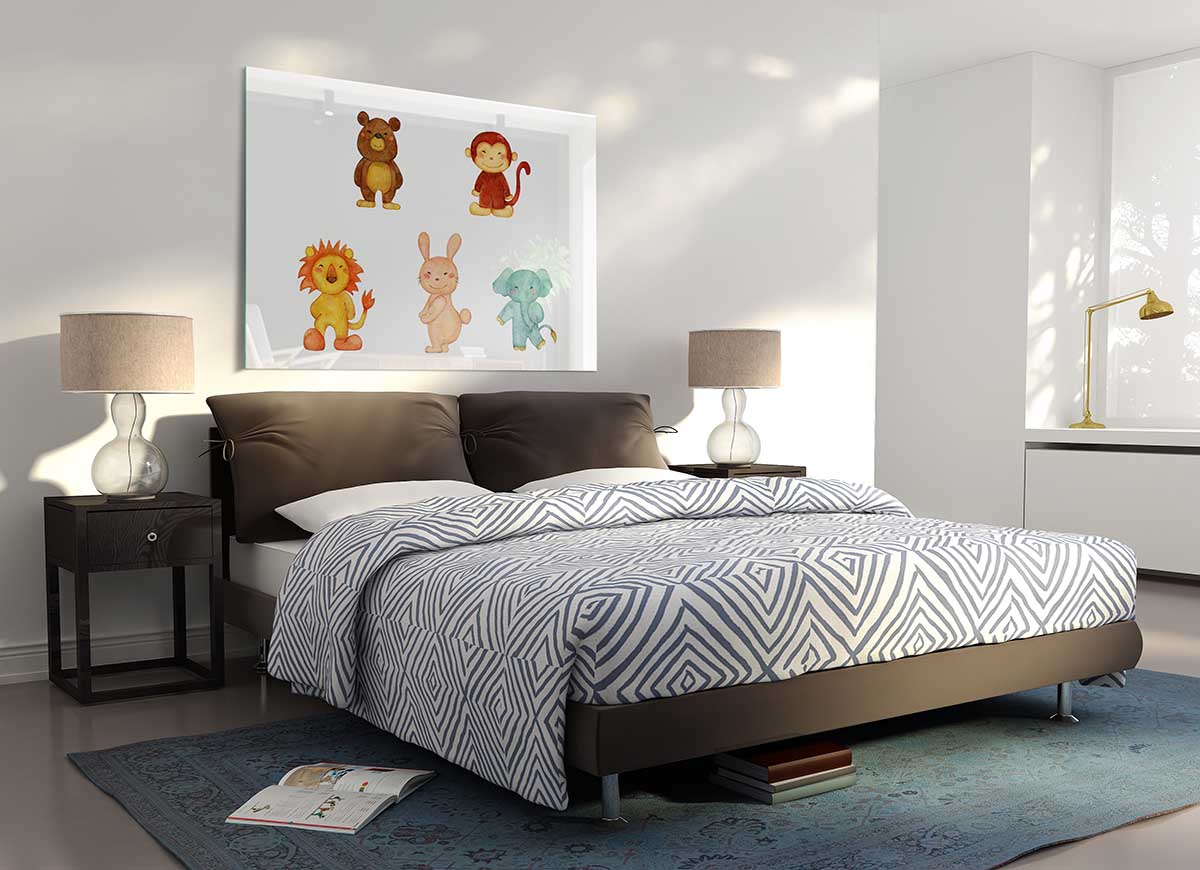 A vibrant glass print featuring playful animal designs, perfect for modern home decor.