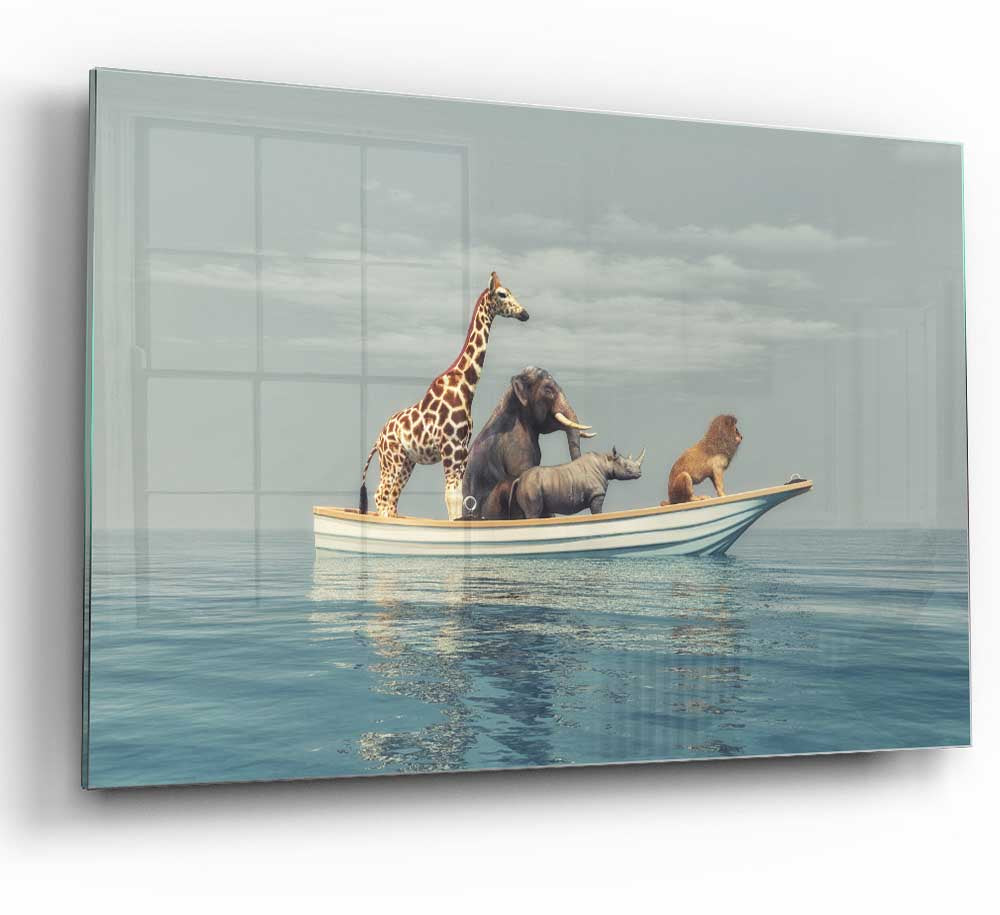 A vibrant glass print of the Animal Kingdom Boat Ride featuring colorful wildlife and lush scenery.