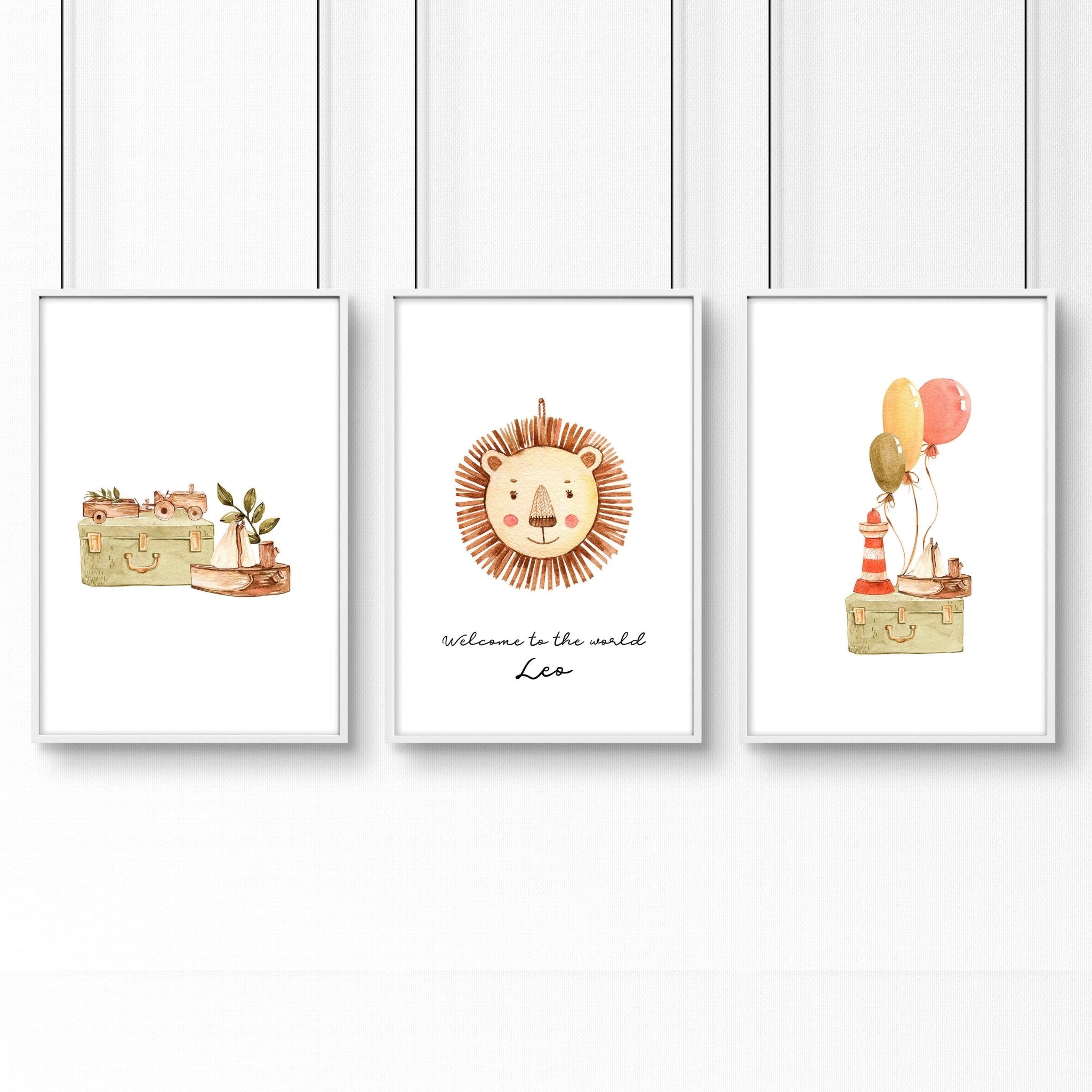 Set of 3 charming animal wall art prints for nursery featuring a boho safari theme, perfect for baby boys and customizable with a name.