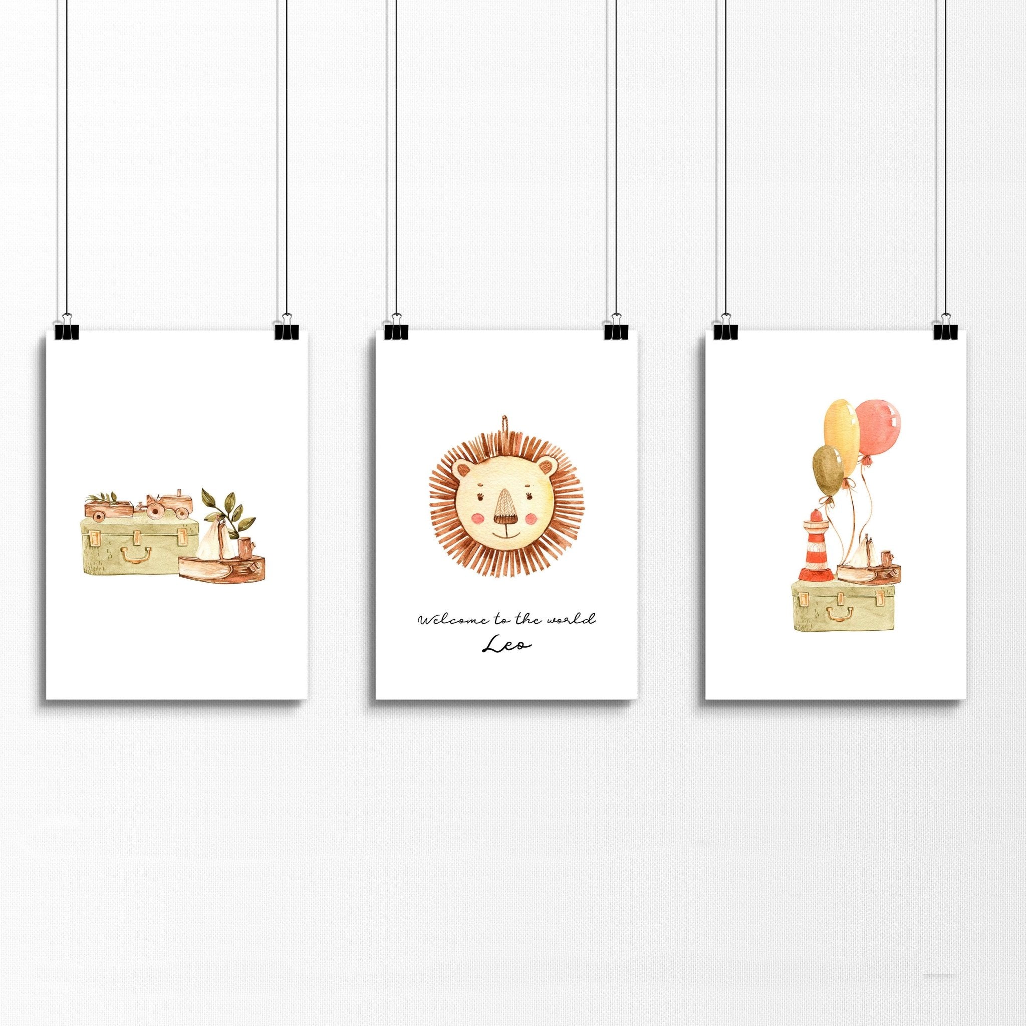 Set of 3 charming animal wall art prints for nursery featuring a boho safari theme, perfect for baby boys and customizable with a name.