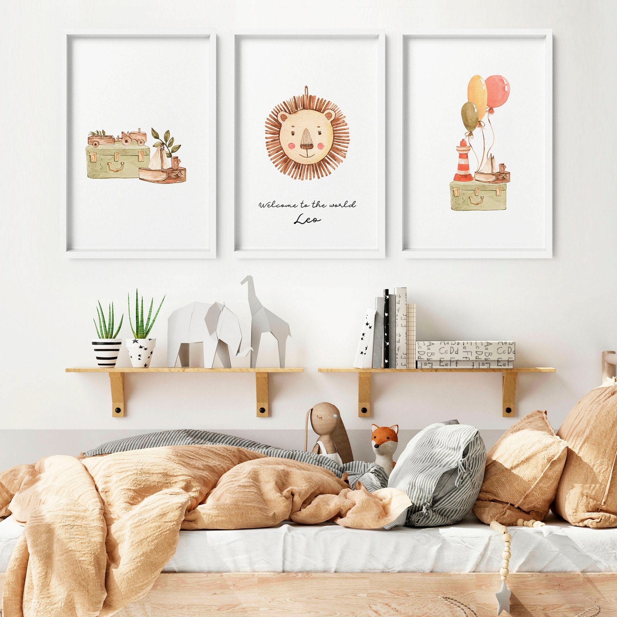 Set of 3 charming animal wall art prints for nursery featuring a boho safari theme, perfect for baby boys and customizable with a name.