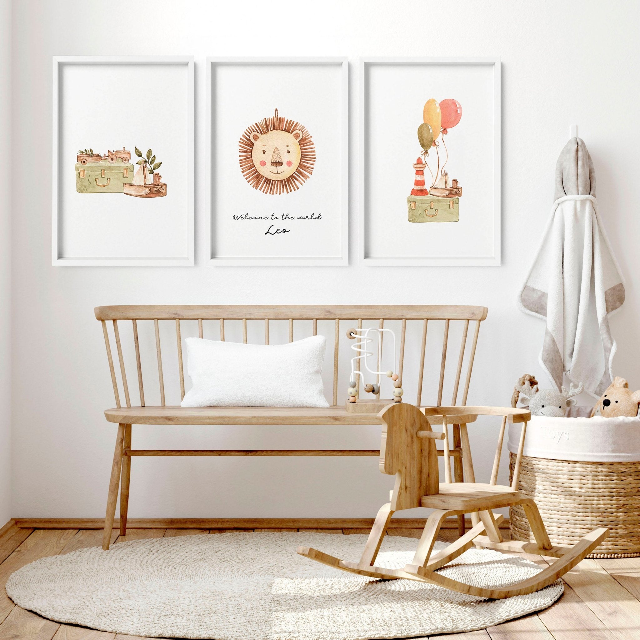 Set of 3 charming animal wall art prints for nursery featuring a boho safari theme, perfect for baby boys and customizable with a name.