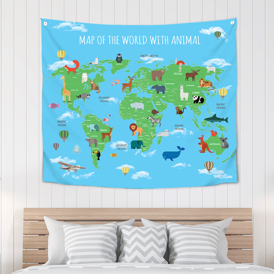 Animal World fabric poster measuring 150cm x 130cm, featuring vibrant colors and a modern design, perfect for home decoration.