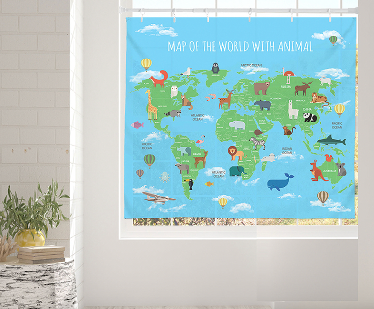 Animal World fabric poster measuring 150cm x 130cm, featuring vibrant colors and a modern design, perfect for home decoration.