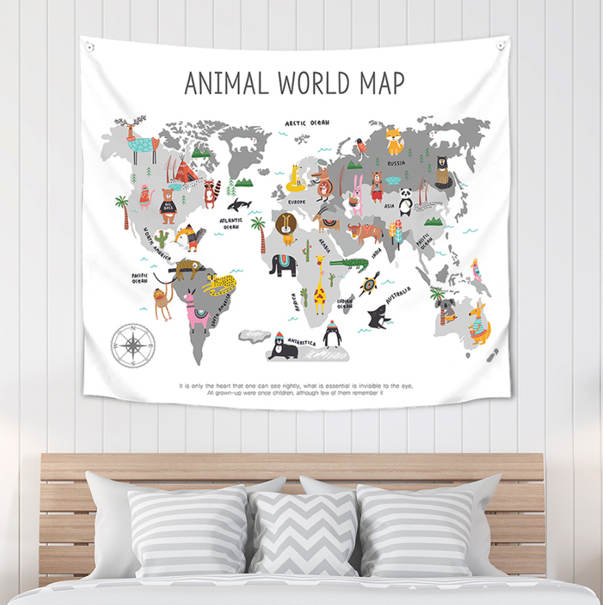 A colorful Animal World Map poster featuring various animals from around the globe, measuring 150cm x 130cm, perfect for educational and decorative use.