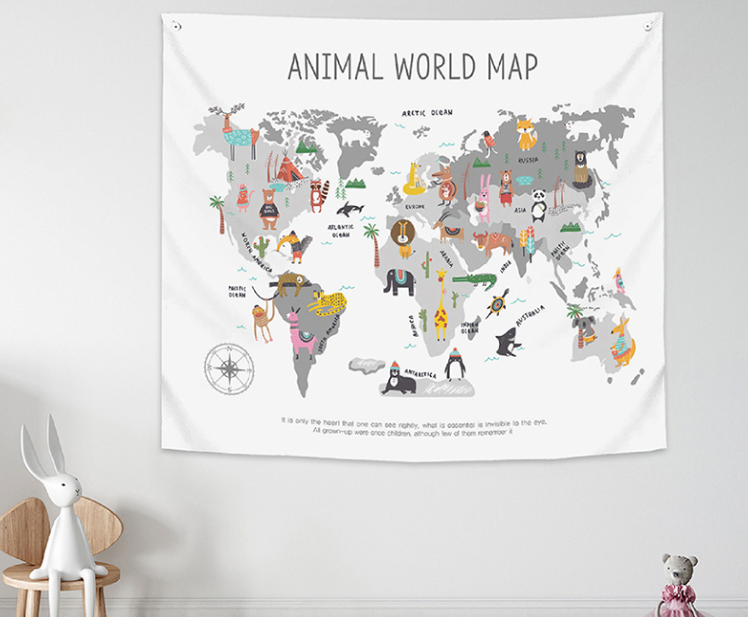 A colorful Animal World Map poster featuring various animals from around the globe, measuring 150cm x 130cm, perfect for educational and decorative use.