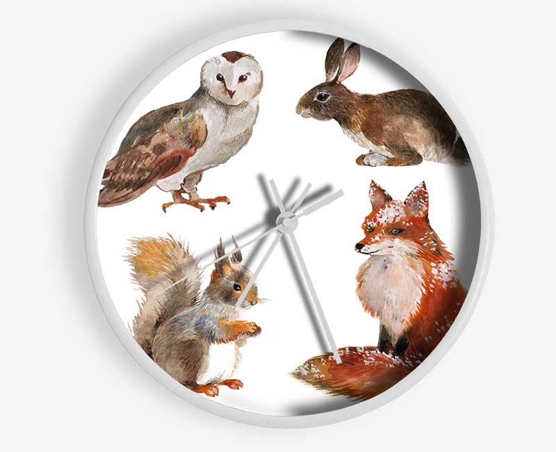 A stylish bamboo clock featuring woodland animal designs, available in black, white, and natural frame colors.