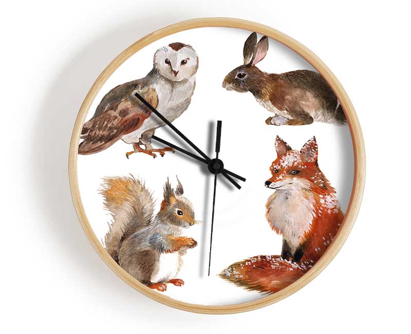 A stylish bamboo clock featuring woodland animal designs, available in black, white, and natural frame colors.