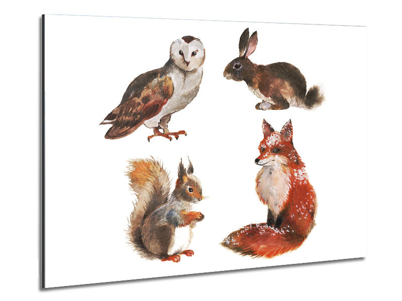 A vibrant artwork featuring various woodland animals printed on brushed aluminium dibond, showcasing modern design and durability.