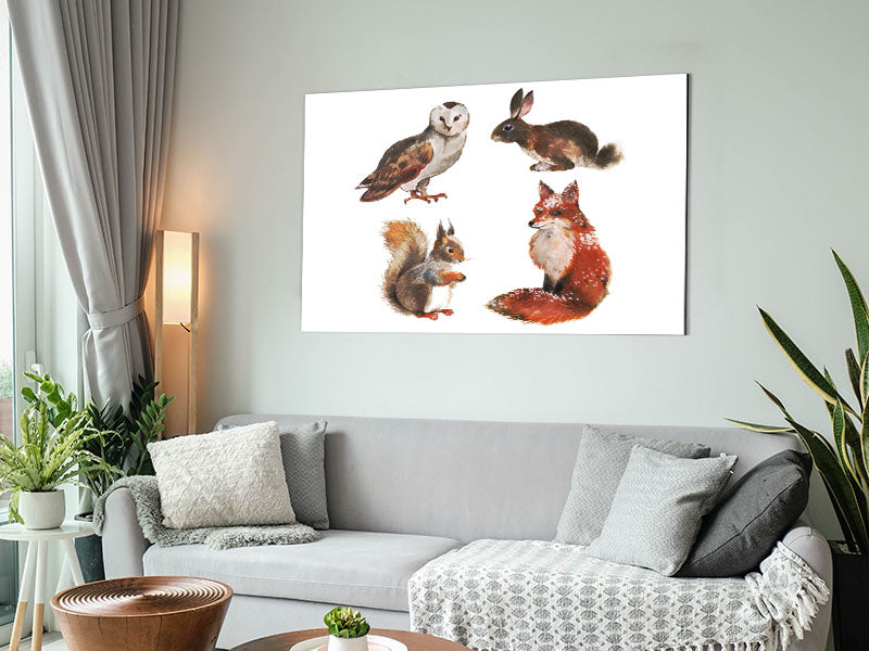 A vibrant artwork featuring various woodland animals printed on brushed aluminium dibond, showcasing modern design and durability.