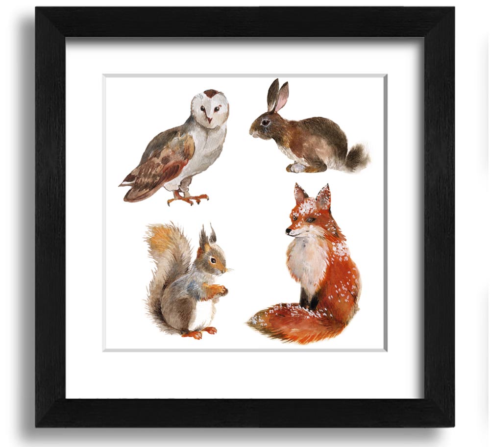 Square framed print featuring various woodland animals, beautifully crafted and ready to hang.