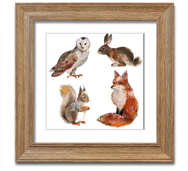 Square framed print featuring various woodland animals, beautifully crafted and ready to hang.