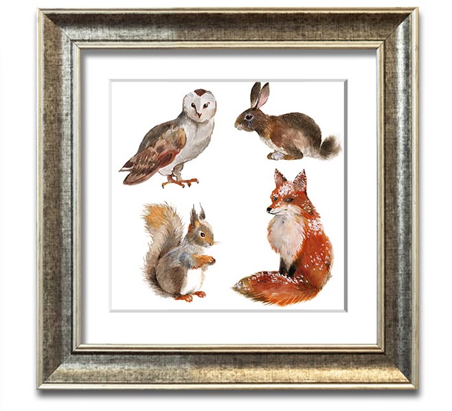 Square framed print featuring various woodland animals, beautifully crafted and ready to hang.