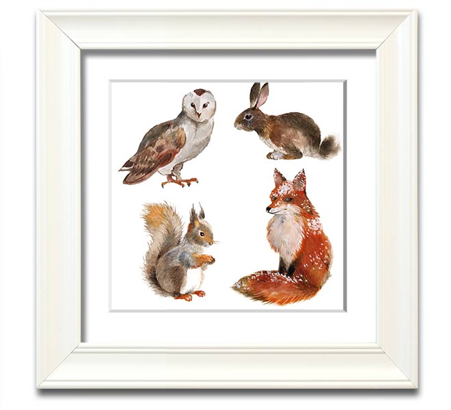 Square framed print featuring various woodland animals, beautifully crafted and ready to hang.