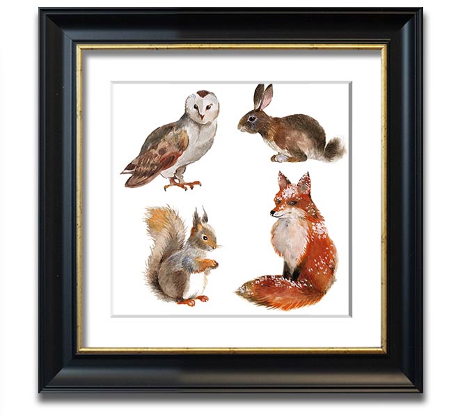 Square framed print featuring various woodland animals, beautifully crafted and ready to hang.