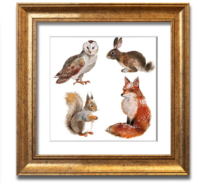 Square framed print featuring various woodland animals, beautifully crafted and ready to hang.