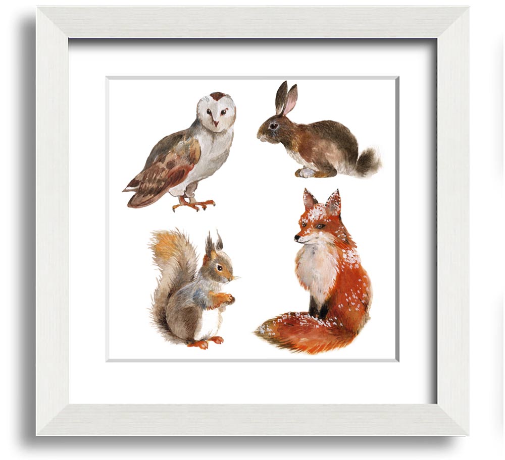 Square framed print featuring various woodland animals, beautifully crafted and ready to hang.