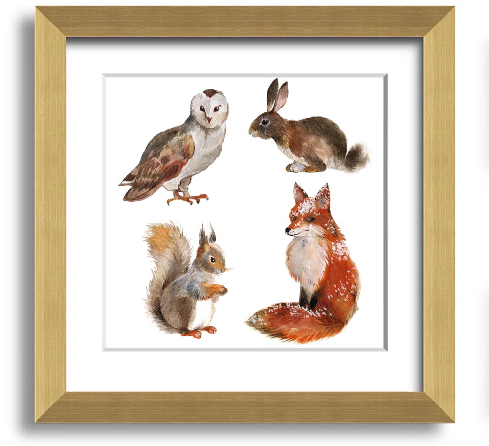 Square framed print featuring various woodland animals, beautifully crafted and ready to hang.