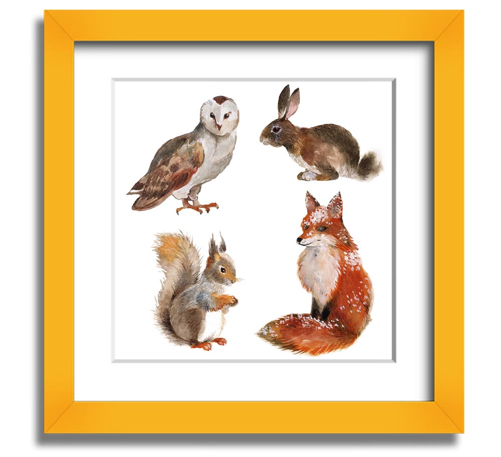 Square framed print featuring various woodland animals, beautifully crafted and ready to hang.