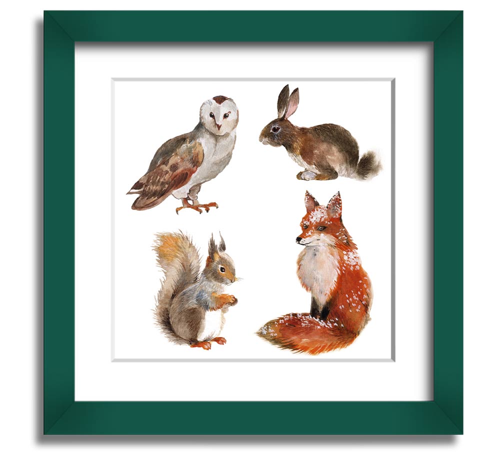 Square framed print featuring various woodland animals, beautifully crafted and ready to hang.