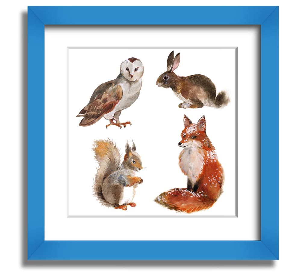 Square framed print featuring various woodland animals, beautifully crafted and ready to hang.