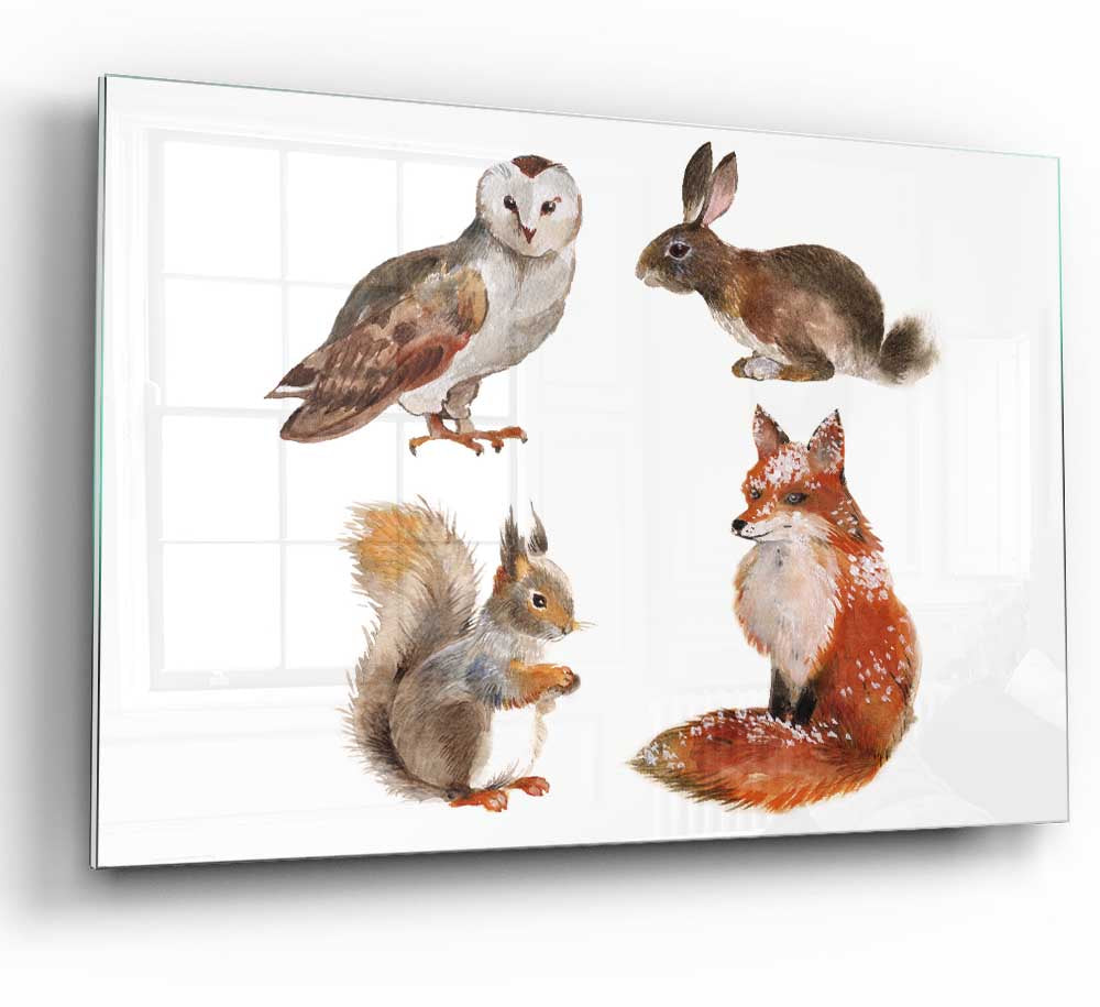 A modern glass print featuring various woodland animals, showcasing vibrant colors and intricate details, perfect for home decor.