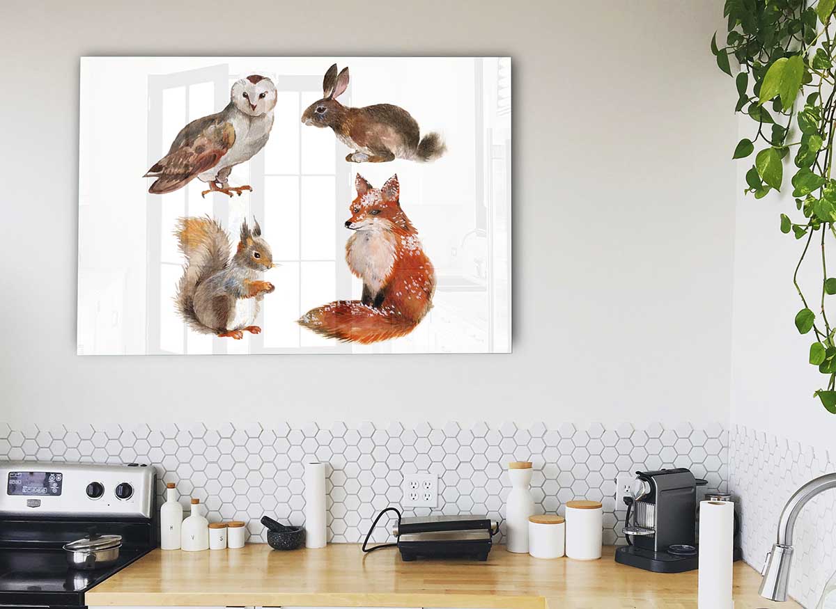 A modern glass print featuring various woodland animals, showcasing vibrant colors and intricate details, perfect for home decor.