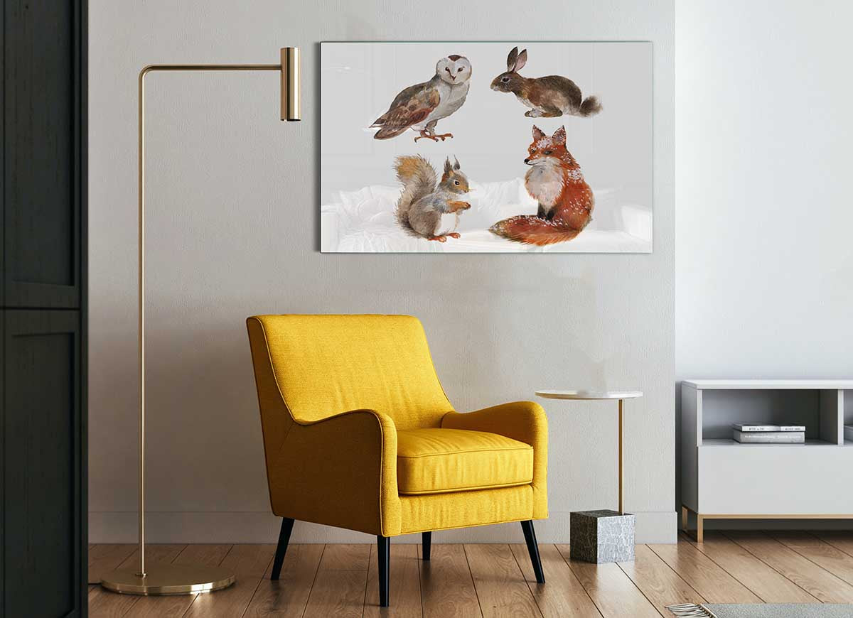 A modern glass print featuring various woodland animals, showcasing vibrant colors and intricate details, perfect for home decor.