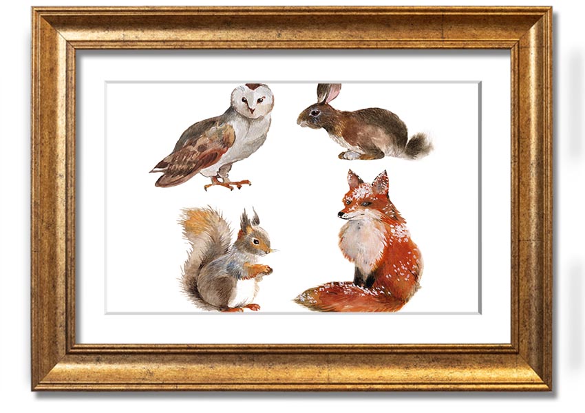 Framed print of woodland animals, showcasing vibrant colors and intricate details, available in various frame colors.