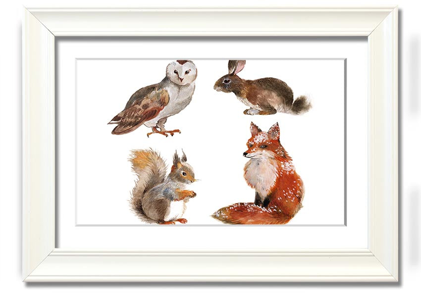 Framed print of woodland animals, showcasing vibrant colors and intricate details, available in various frame colors.