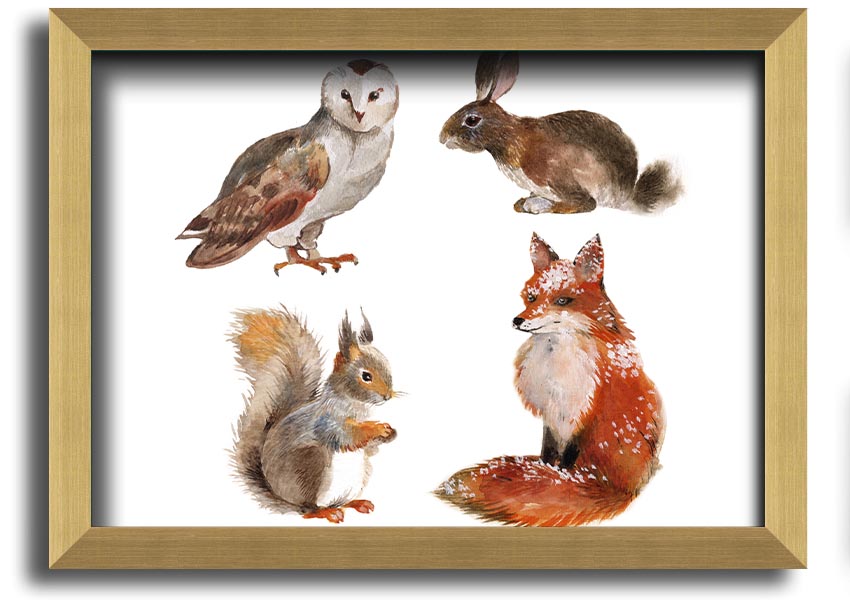 Framed print of woodland animals, showcasing vibrant colors and intricate details, available in various frame colors.